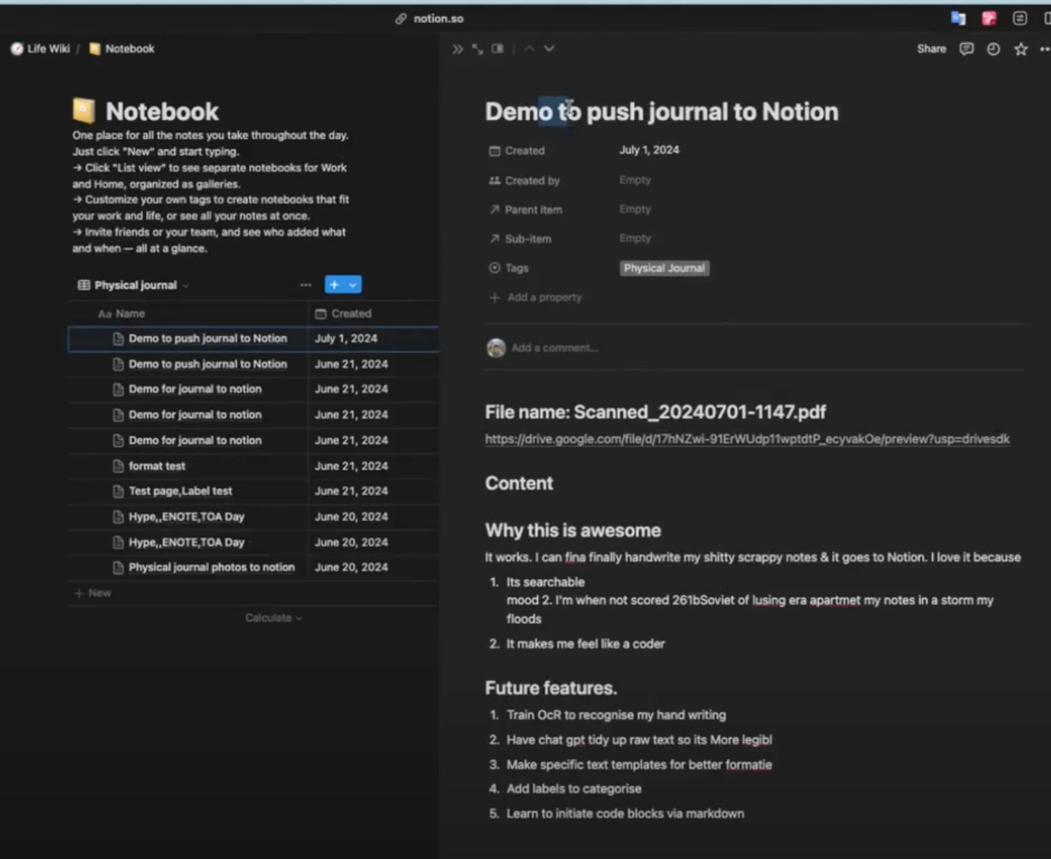 The Notion Physical journal database with eleven entries, and the demo entry open beside it. The entry is titled Demo to push journal to Notion, created July 1 2024, tagged Physical Journal, with the scanned file name and a Google Drive link above the content.