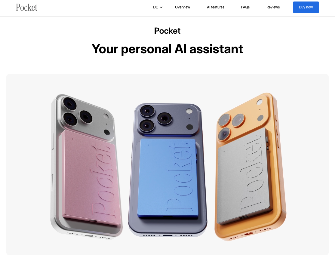The Pocket product page. The headline reads Pocket, your personal AI assistant, above three phones with a coloured Pocket device attached to the back of each, in pink, blue and grey.